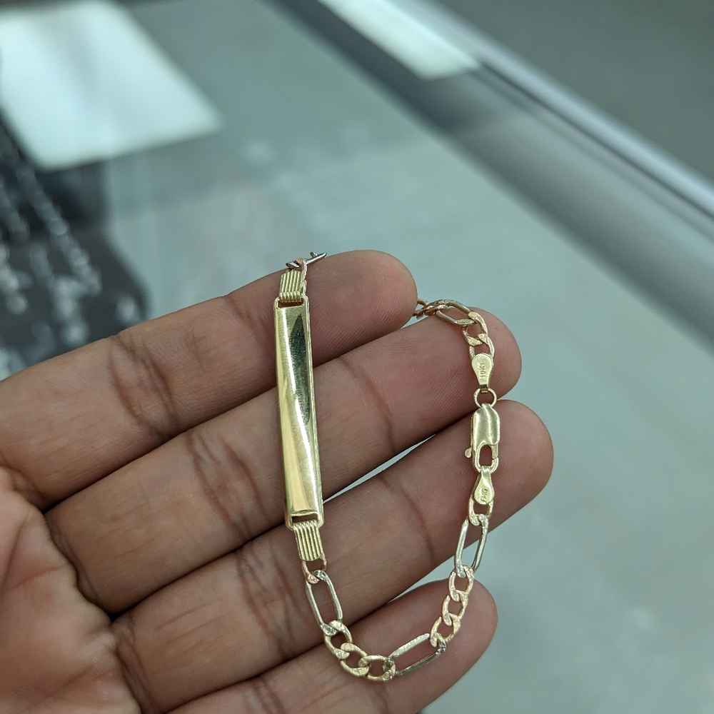 10kt Real Gold Tricolor Figaro Diamond Cut ID Bracelet